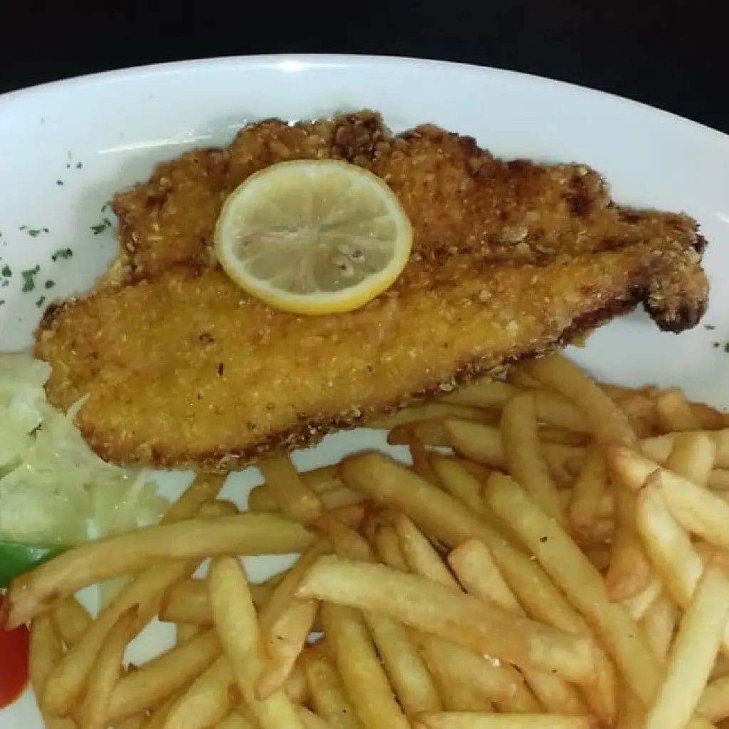 Haehnchenschnitzel, Pommes und Salat
