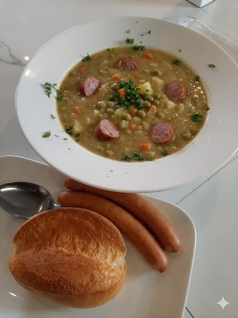 Eine tiefe weiße Schale mit sämiger Erbsensuppe, in der Wurstscheiben, Erbsen und Karottenstücke zu sehen sind, garniert mit Petersilie. Auf einem flachen Teller im Vordergrund liegen zwei ganze Bockwürste, eine goldbraune Semmel und ein Löffel auf einem hellen Untergrund.